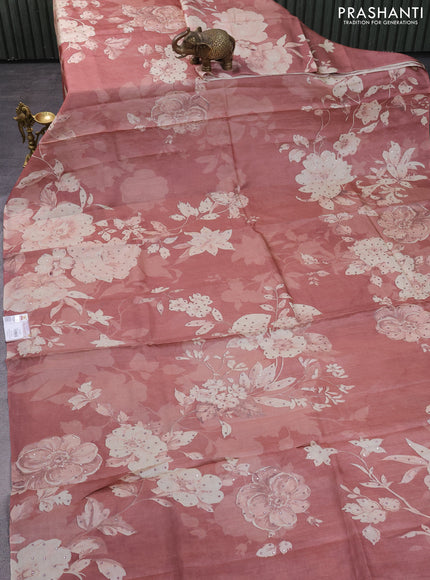 Pure tussar silk saree peach shade with floral prints & mirror work in borderless style