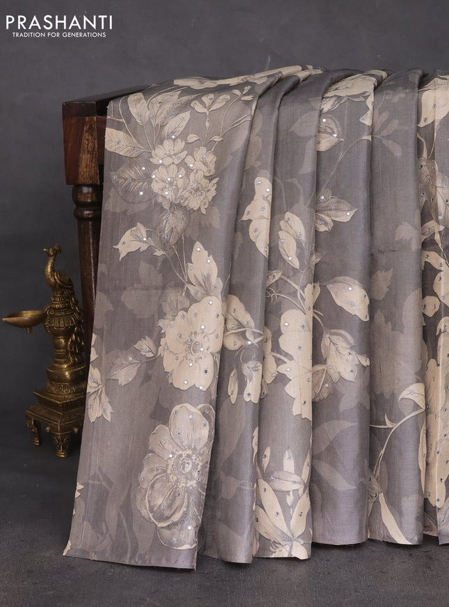 Pure tussar silk saree grey with floral prints & mirror work in borderless style