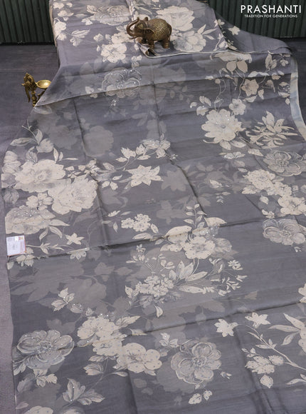 Pure tussar silk saree grey with floral prints & mirror work in borderless style