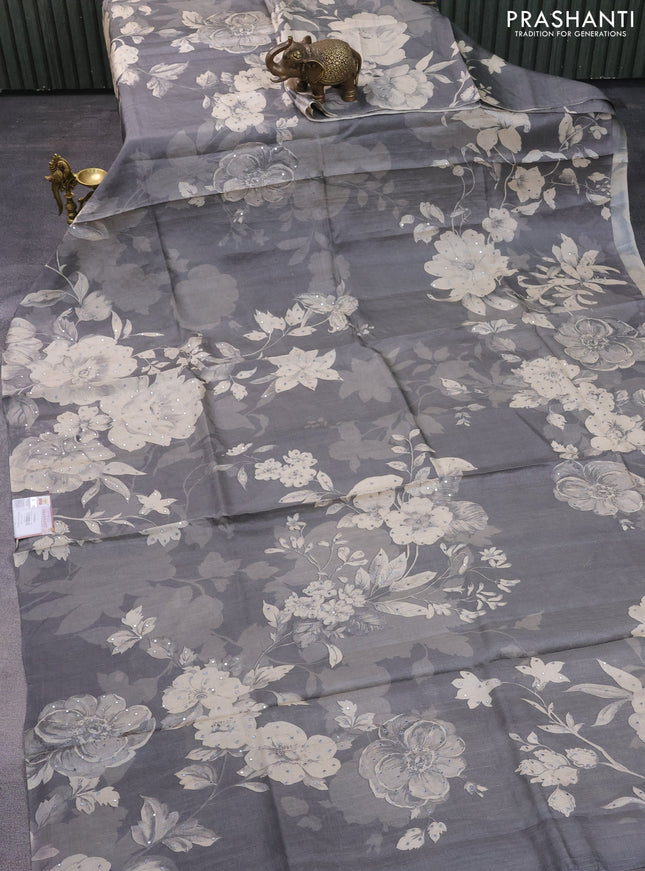 Pure tussar silk saree grey with floral prints & mirror work in borderless style
