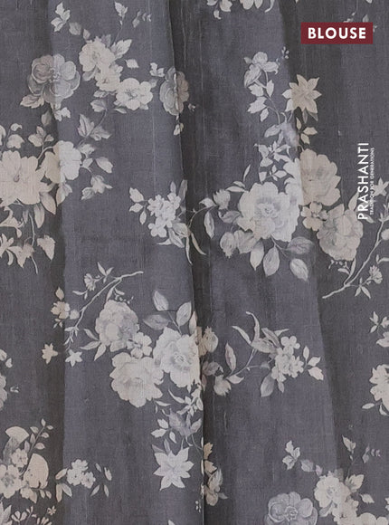 Pure tussar silk saree grey with floral prints & mirror work in borderless style