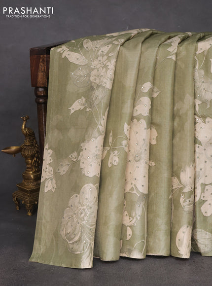 Pure tussar silk saree pastel green with floral prints & mirror work in borderless style