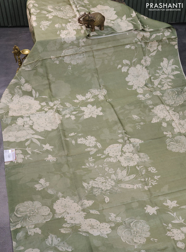 Pure tussar silk saree pastel green with floral prints & mirror work in borderless style
