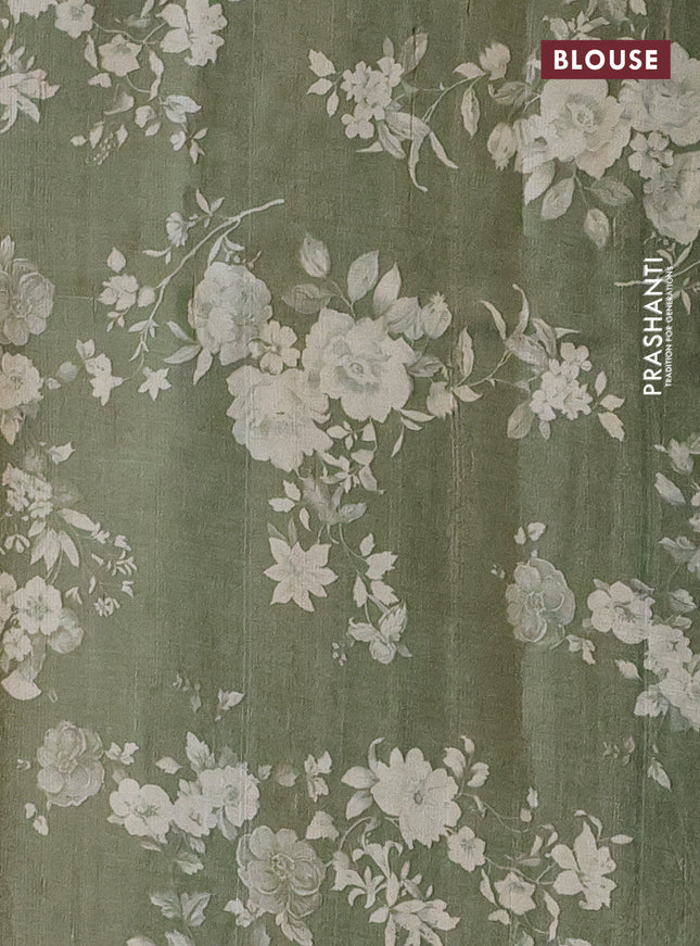Pure tussar silk saree pastel green with floral prints & mirror work in borderless style