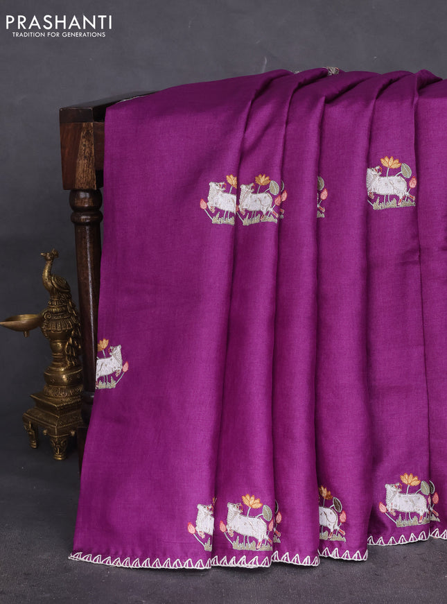 Pure tussar silk saree purple with pichwai embroidery buttas and simple thread work border