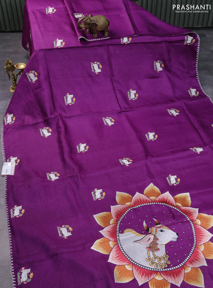 Pure tussar silk saree purple with pichwai embroidery buttas and simple thread work border