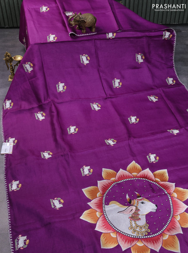 Pure tussar silk saree purple with pichwai embroidery buttas and simple thread work border
