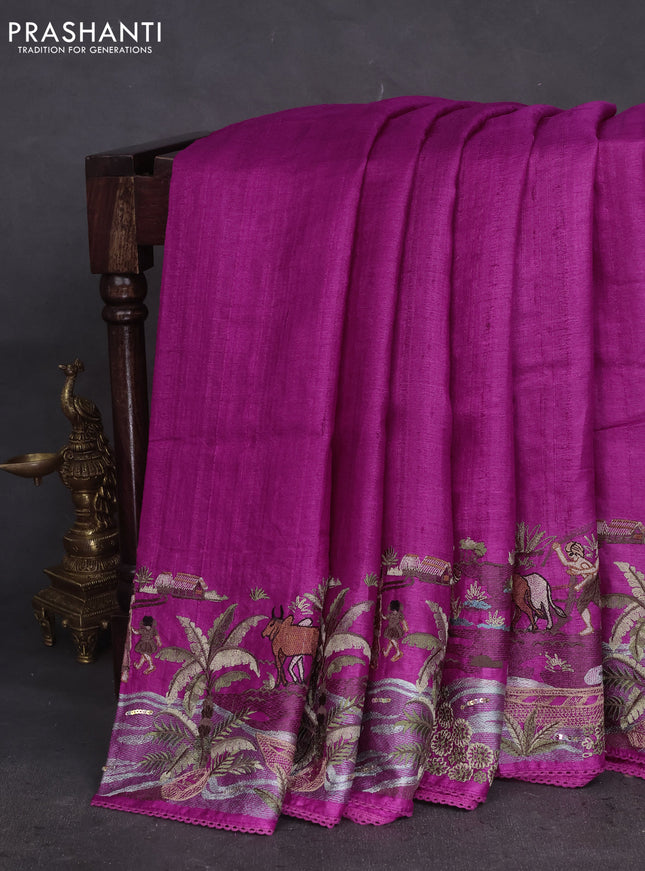 Pure tussar silk saree magenta pink with plain body and floral design embroidery border