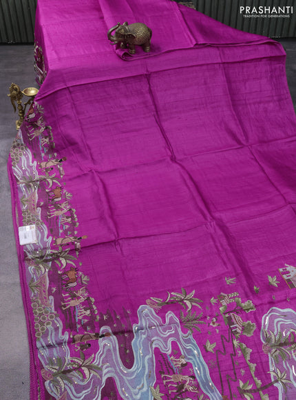 Pure tussar silk saree magenta pink with plain body and floral design embroidery border
