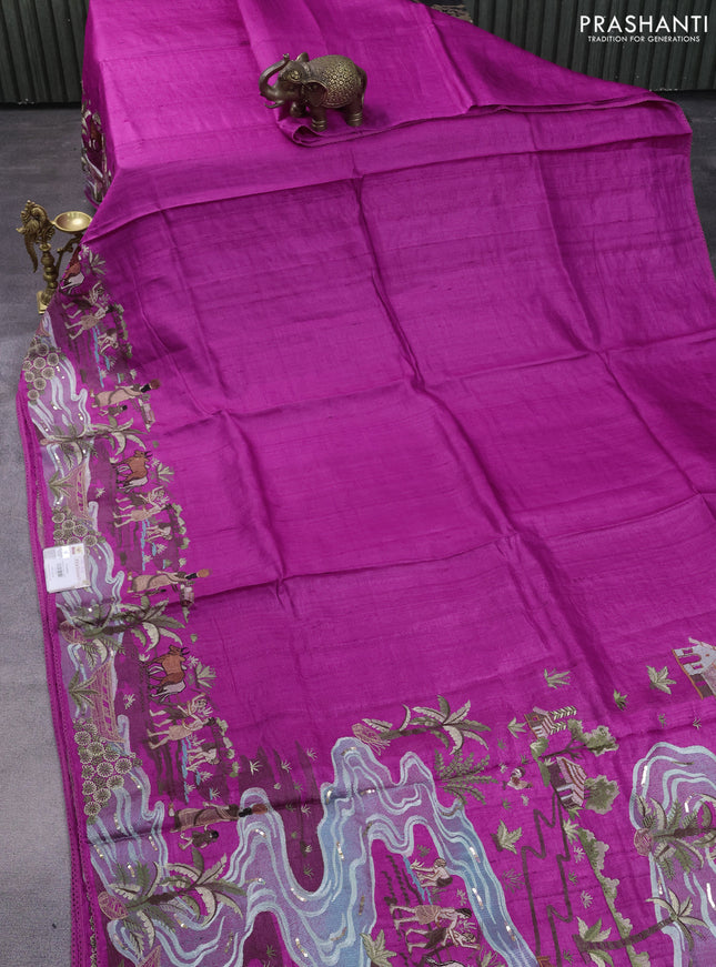 Pure tussar silk saree magenta pink with plain body and floral design embroidery border