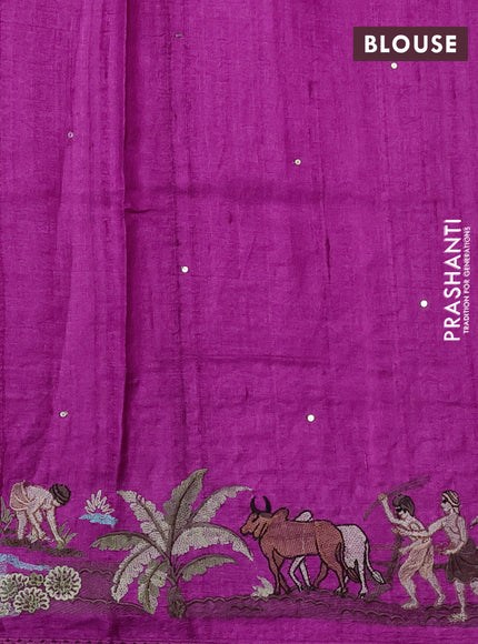 Pure tussar silk saree magenta pink with plain body and floral design embroidery border