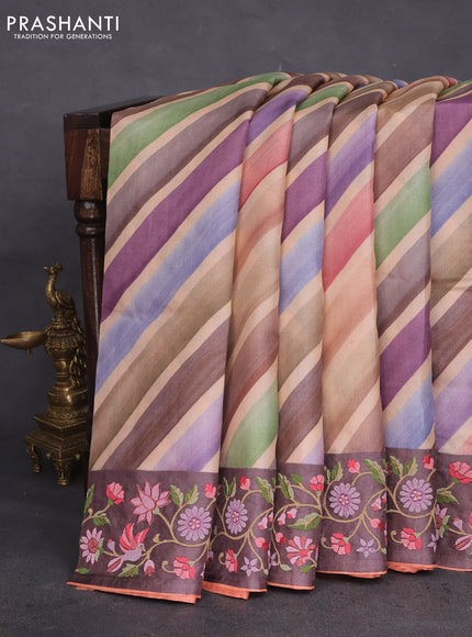 Pure tussar silk saree multi colour and wine shade with allover stripes pattern and embroidery border