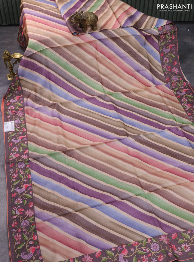 Pure tussar silk saree multi colour and wine shade with allover stripes pattern and embroidery border