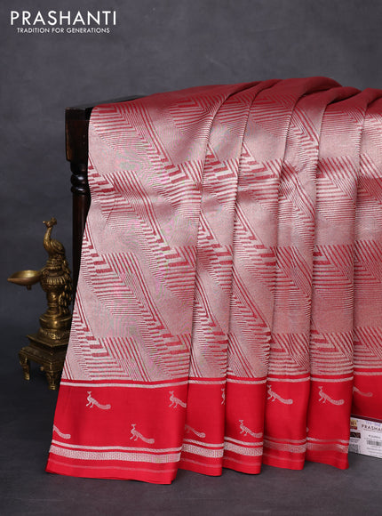 Banarasi katan silk saree red with allover silver zari woven brocade weaves and zari woven butta border