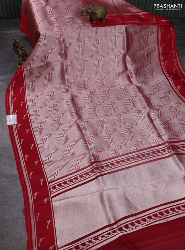 Banarasi katan silk saree red with allover silver zari woven brocade weaves and zari woven butta border