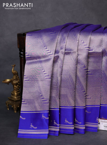 Banarasi katan silk saree blue with allover silver zari woven brocade weaves and zari woven butta border