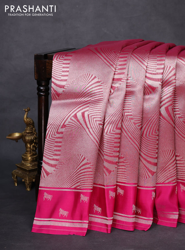 Banarasi katan silk saree pink with allover silver zari woven brocade weaves and zari woven butta border