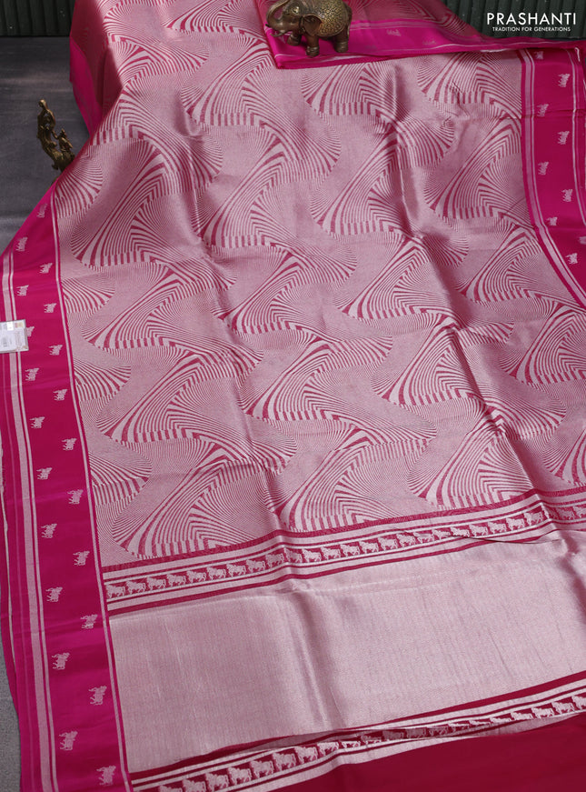 Banarasi katan silk saree pink with allover silver zari woven brocade weaves and zari woven butta border