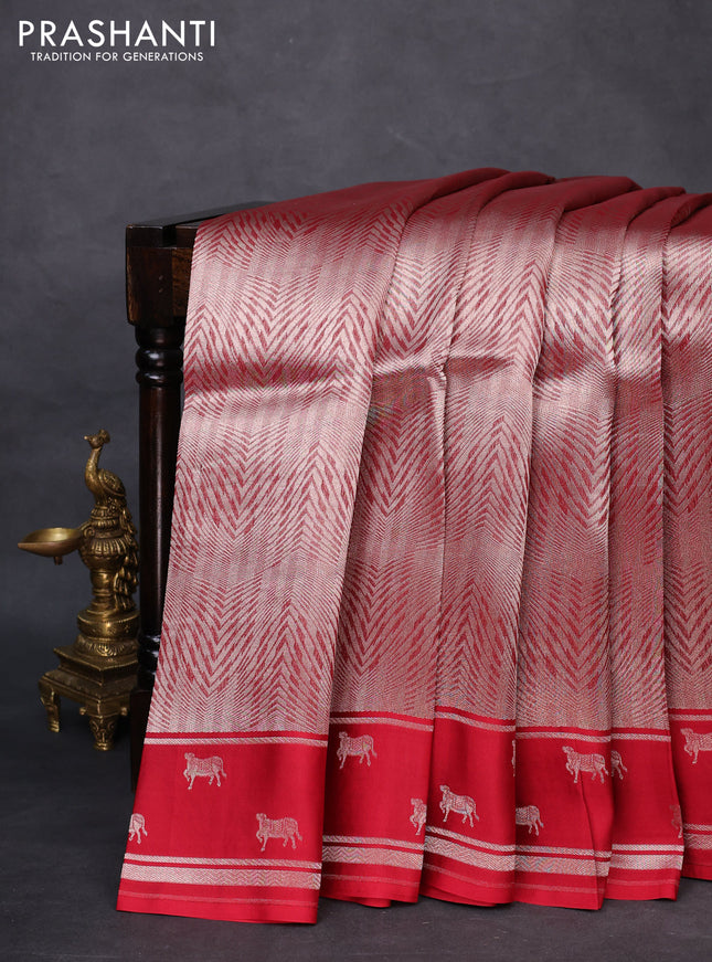 Banarasi katan silk saree red with allover silver zari woven brocade weaves and zari woven butta border