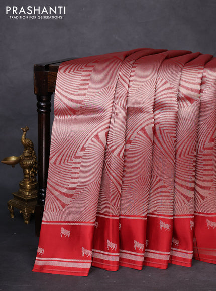 Banarasi katan silk saree red with allover silver zari woven brocade weaves and zari woven butta border