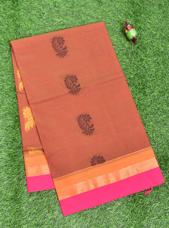 Coimbatore Cotton Brown Color Butta Saree with Plain Border