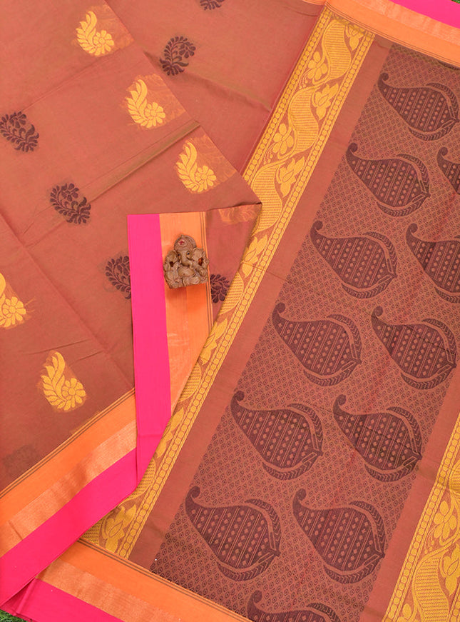 Coimbatore Cotton Brown Color Butta Saree with Plain Border