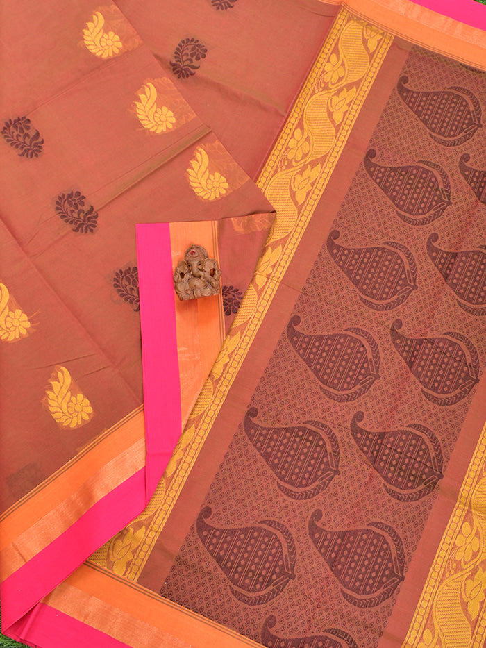 Coimbatore Cotton Brown Color Butta Saree with Plain Border