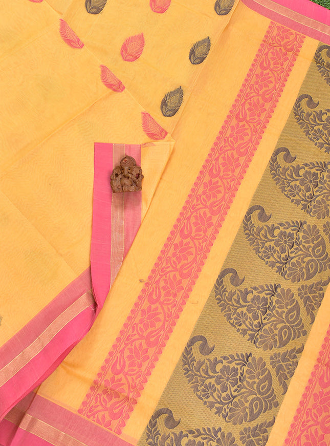 Coimbatore Cotton Yellow Butta Saree with Plain Border