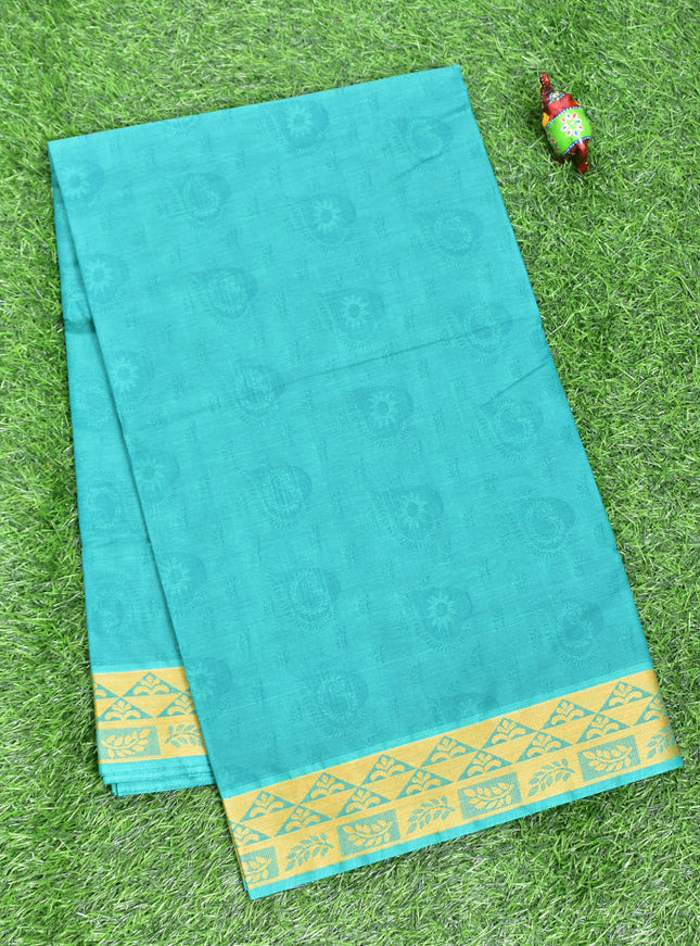 Coimbatore Cotton Rama Green Emboss Saree with Thread Woven Border