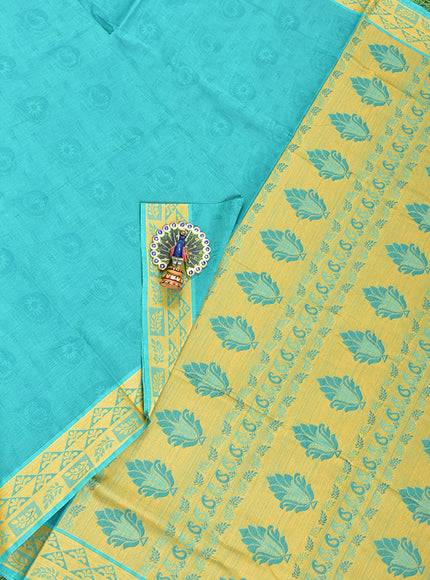 Coimbatore Cotton Rama Green Emboss Saree with Thread Woven Border