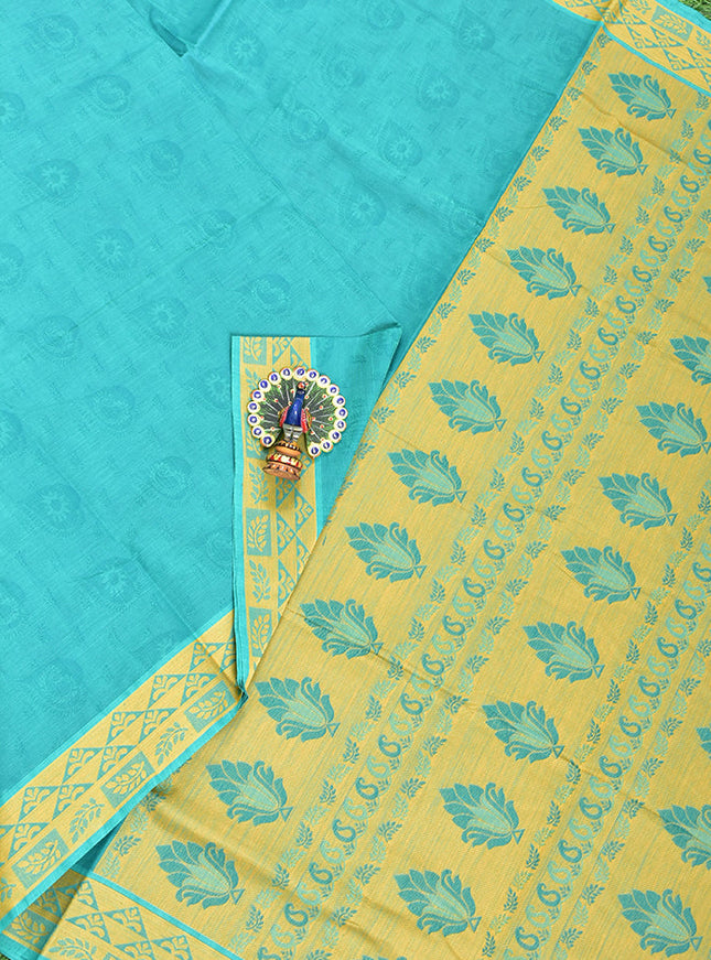 Coimbatore Cotton Rama Green Emboss Saree with Thread Woven Border