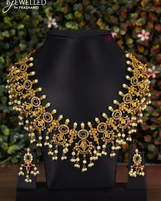 Antique guttapusalu necklace with kemp & cz stones and pearl hangings