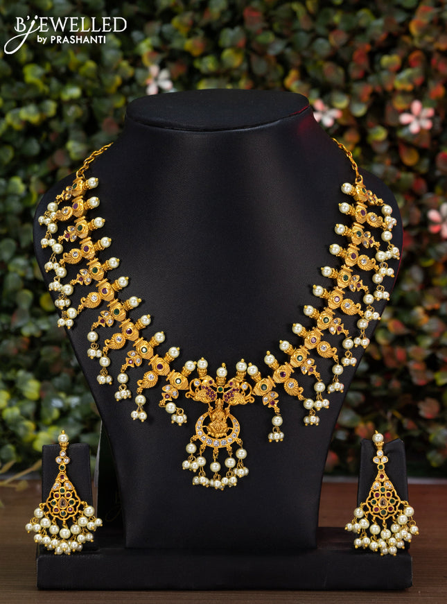Antique guttapusalu necklace lakshmi design with kemp & cz stones and pearl hangings