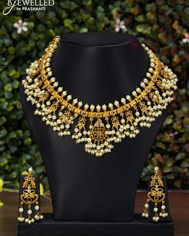 Antique guttapusalu necklace with kemp & cz stones and pearl hangings