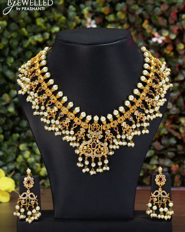 Antique guttapusalu necklace peacock design with kemp & cz stones and pearl hangings