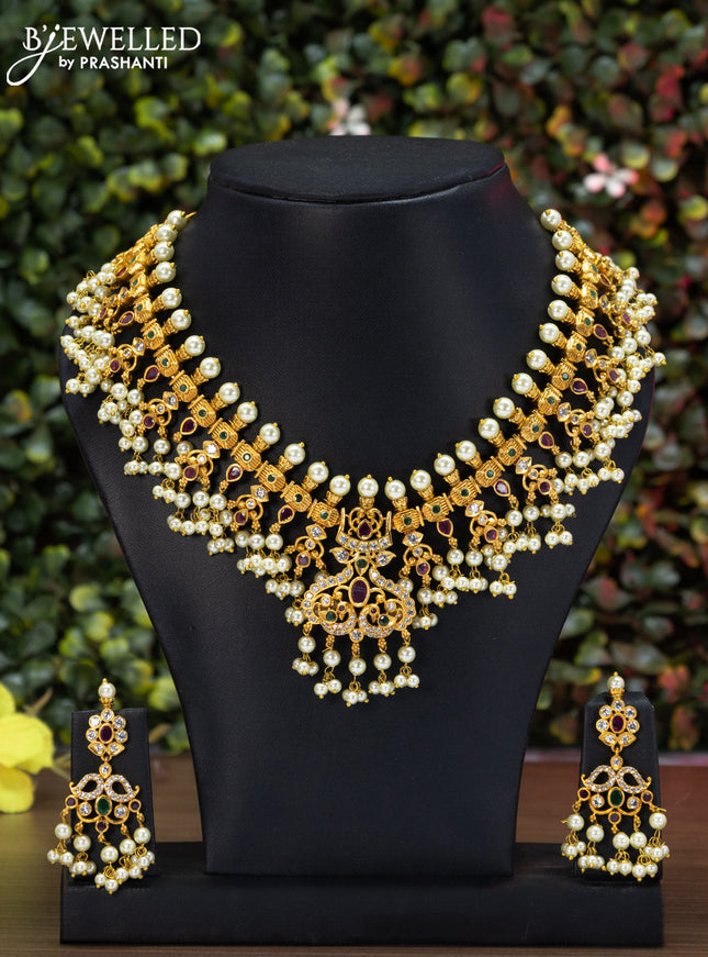 Antique guttapusalu necklace peacock design with kemp & cz stones and pearl hangings