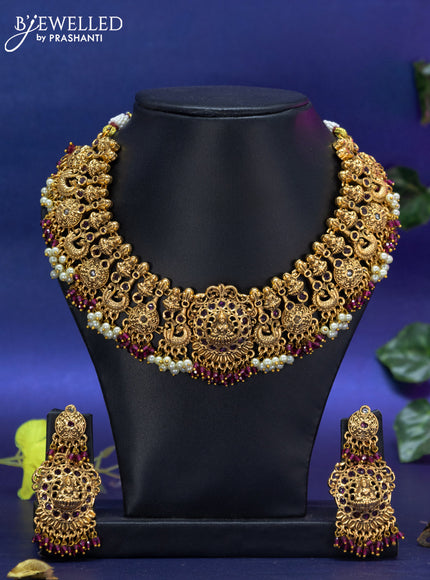 Antique Necklace lakshmi design with pink kemp & cz stones and pink beads hanging