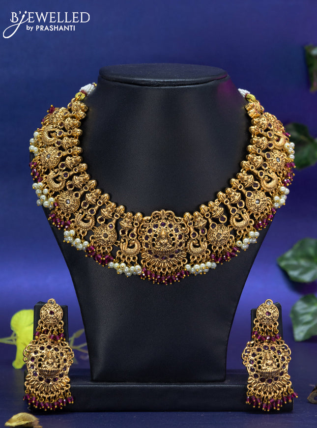 Antique Necklace lakshmi design with pink kemp & cz stones and pink beads hanging