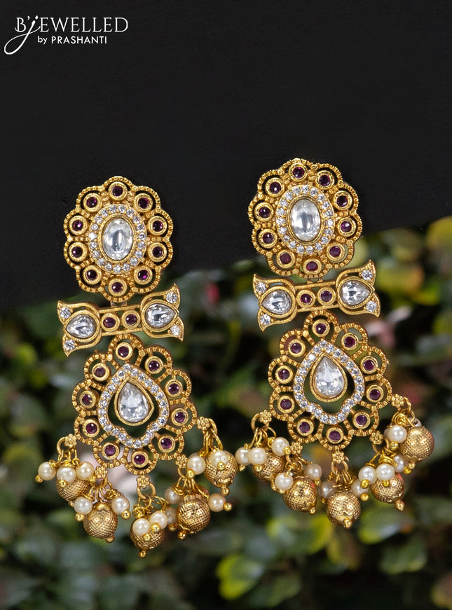 Antique guttapusalu necklace with pink kemp & cz stones and gold beads hanging