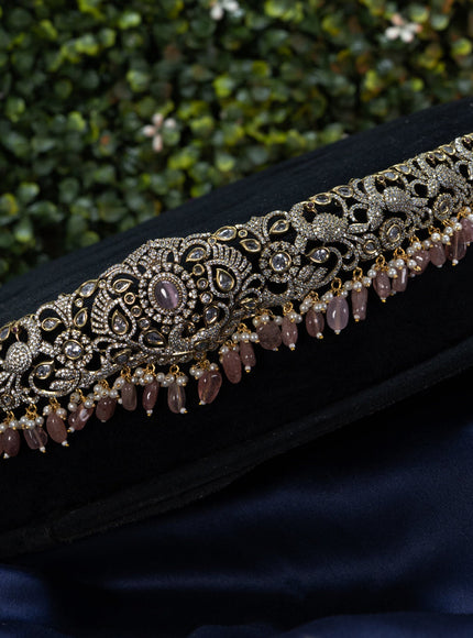Hip belt peacock design with baby pink & cz stones and beads hangings in victorian finish