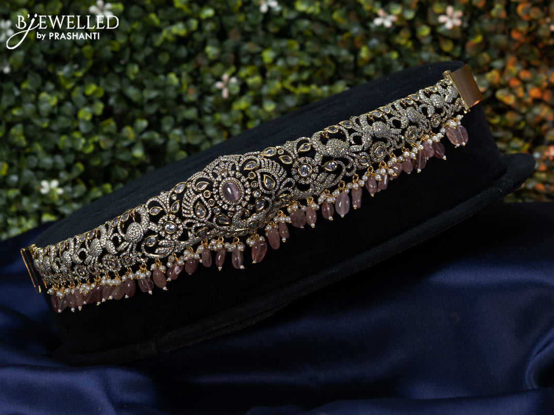 Hip belt peacock design with baby pink & cz stones and beads hangings in victorian finish