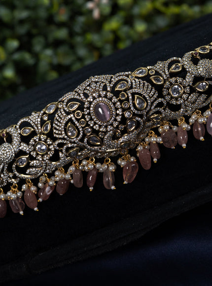Hip belt peacock design with baby pink & cz stones and beads hangings in victorian finish