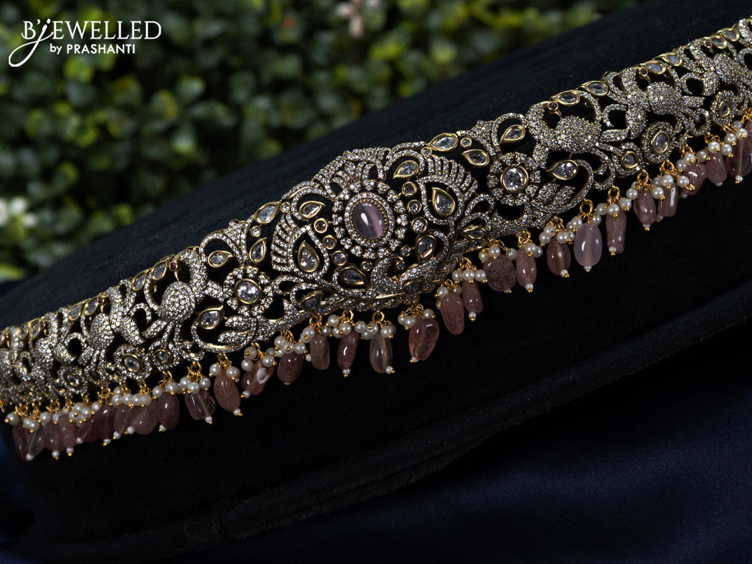 Hip belt peacock design with baby pink & cz stones and beads hangings in victorian finish