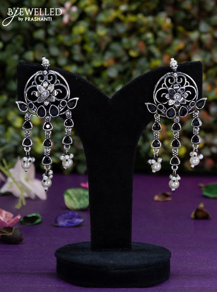 Oxidised earring floral design with black stones and pearl hangings