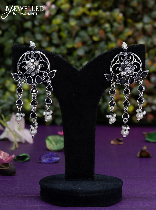Oxidised earring floral design with black stones and pearl hangings