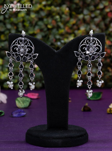 Oxidised earring floral design with black stones and pearl hangings