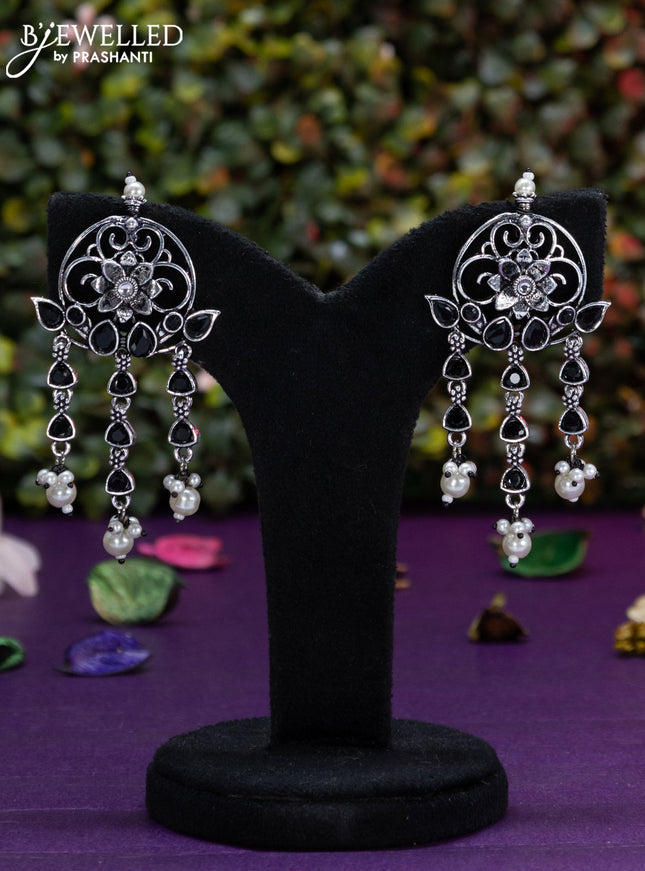 Oxidised earring floral design with black stones and pearl hangings