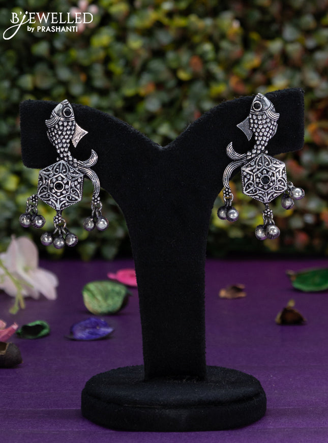 Oxidised earring fish design with black stone and hangings