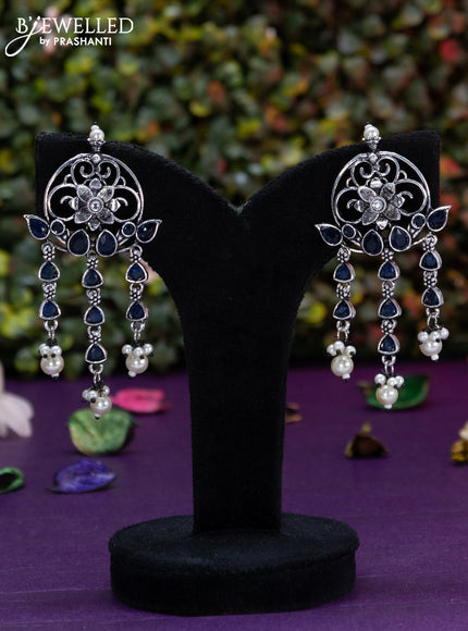 Oxidised earring floral design with sapphire stones and pearl hangings