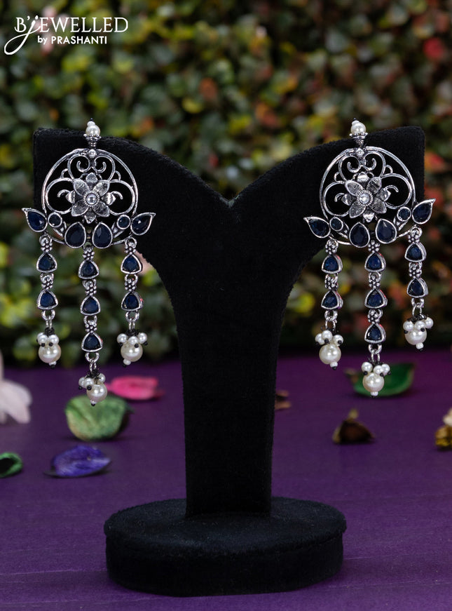 Oxidised earring floral design with sapphire stones and pearl hangings
